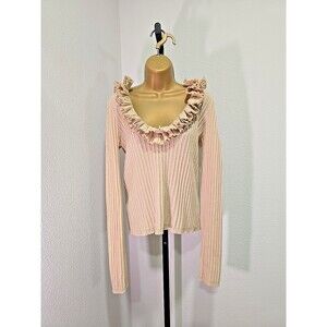 Vtg DKNY Y2K Preppy Logo Beige Merino Wool Ruffle Ribbed Sweater Womens Sz Lge